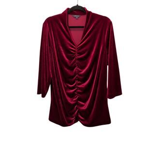 Lands End Women's Sz 1X Red Velvet Top V Neck Ruched Front Stretch 3/4 Sleeves
